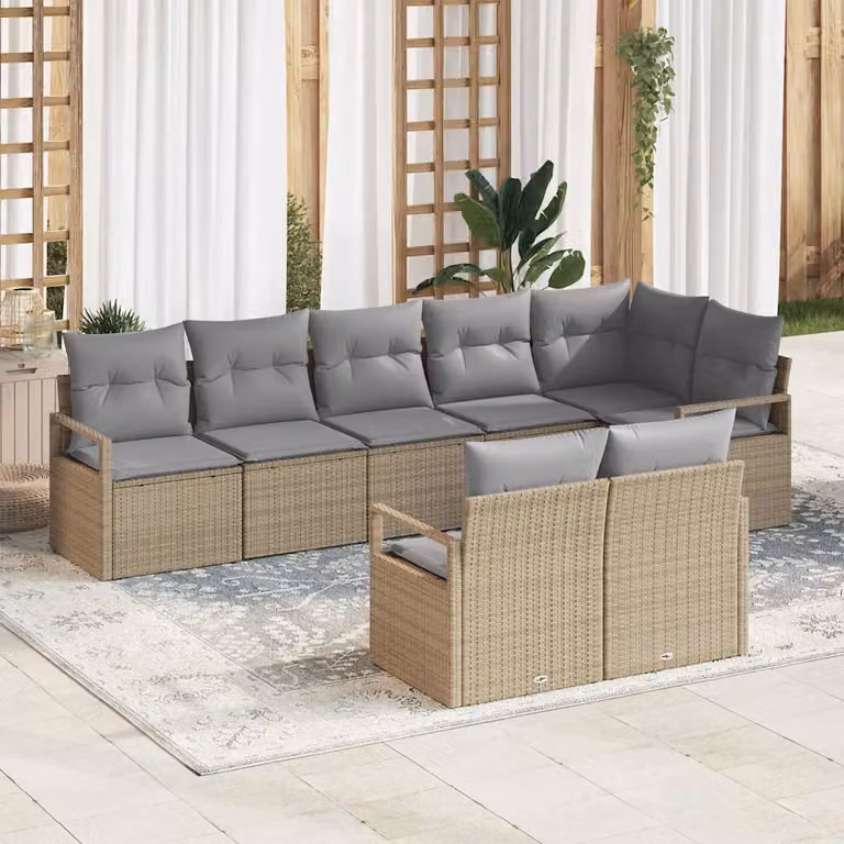 Set di divani da giardino vidaXL a forma di U composto da 8 pezzi in rattan beige con cuscini inclusi e struttura in metallo