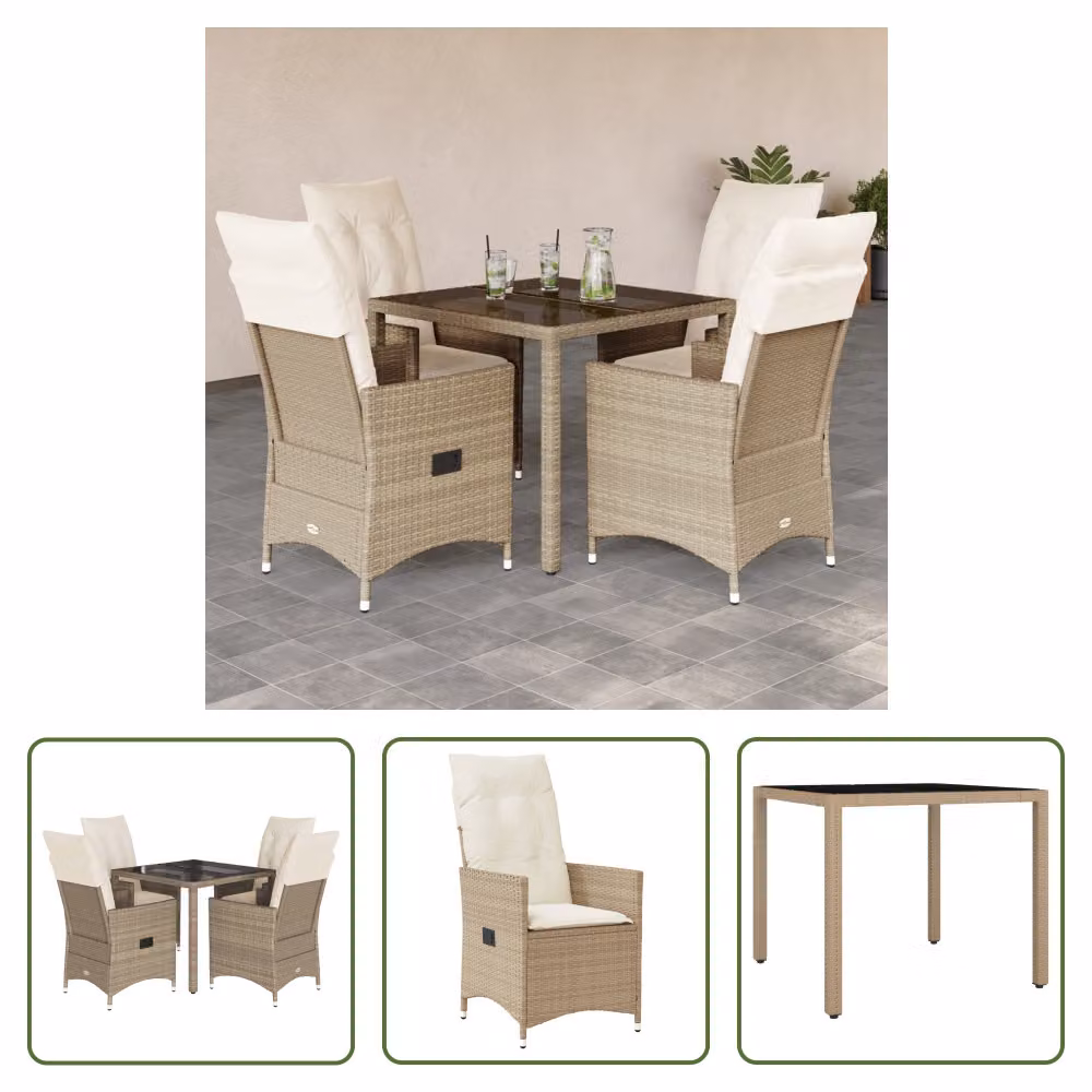 The Living Store Set da pranzo da giardino 5 pezzi con cuscini Beige poly rattan