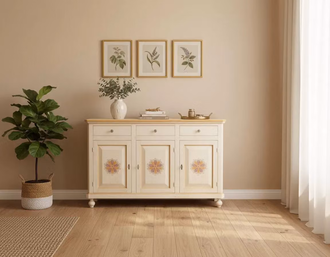 Madia credenza in legno con 3 ante di Mobili 2G in colore avorio pennellato L: 150 cm, P: 43 cm, H: 98 cm – 1