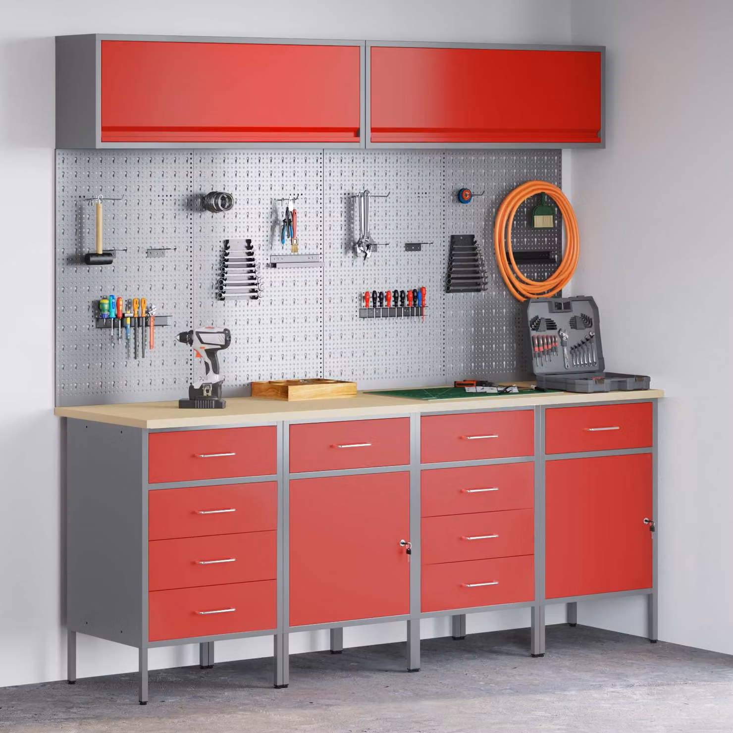 Set di mobili da lavoro vidaXL con cassetto con blocco, 10 pezzi, Rosso