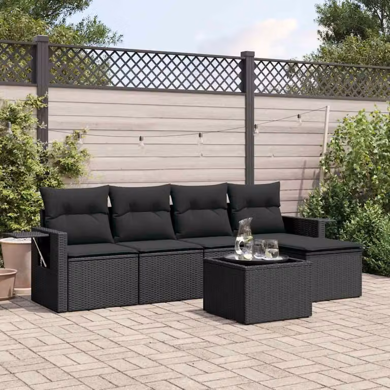 Set Divano da Giardino vidaXL 6 pz in Polyrattan Nero con Cuscini e Tavolino da Esterno