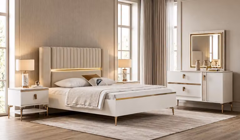 Set completo per camera da letto moderno: letto, comodini eleganti, tavolino da trucco con specchio