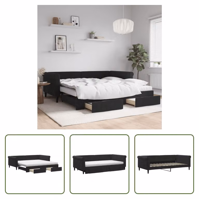 The Living Store Letto da giorno allungabile con cassetti nero 100x200 cm in velluto