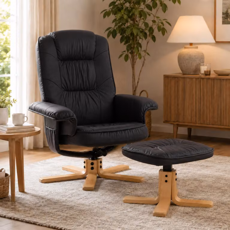 Poltrona relax M56, poltrona TV Poltrona TV con sgabello pouf, Similcuoio, legno di eucalipto ® ~ nero