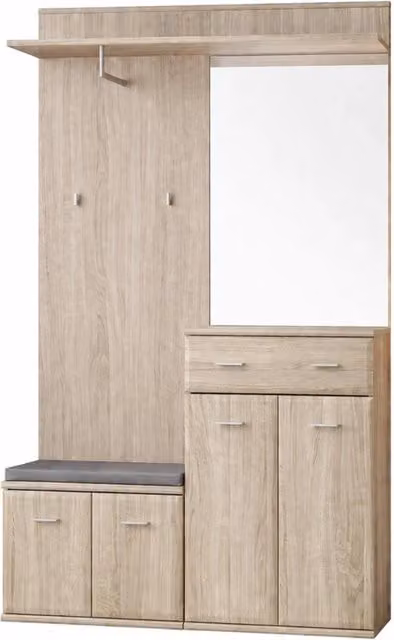 Set Ingresso Con Panca Portascarpe Appendiabiti Mobile Entrata Specchio Mobiletto Contenitore Multifunzione Salvaspazio Corridoio Casa Design Moderno 120 x 32 x 203 Cm Rovere