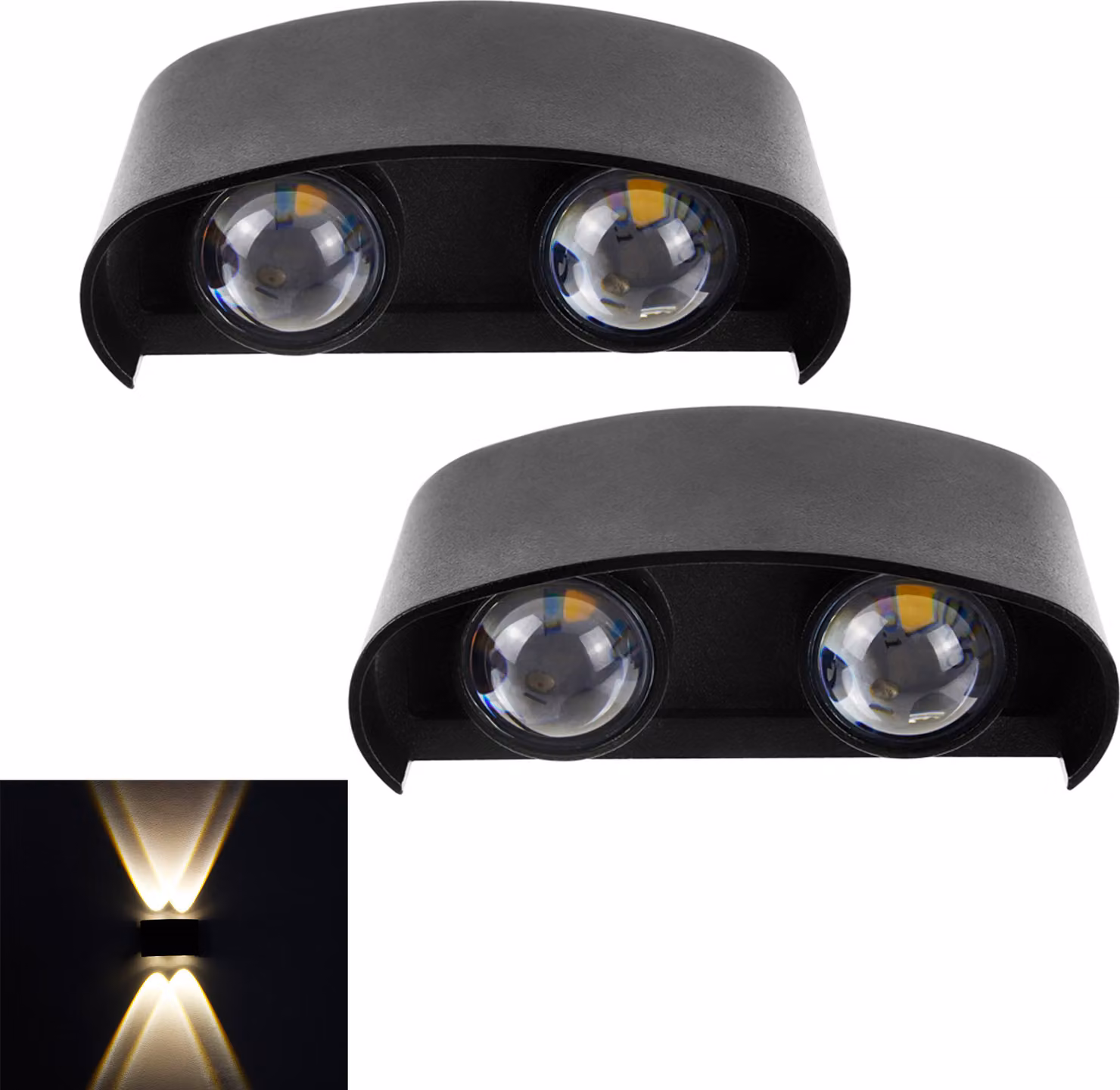 Set di 2 lampade da parete per interni ed esterni, faretti orientabili su e giù in alluminio, design moderno, 4 W, IP65, per corridoi e giardini, colore nero, luce bianco caldo