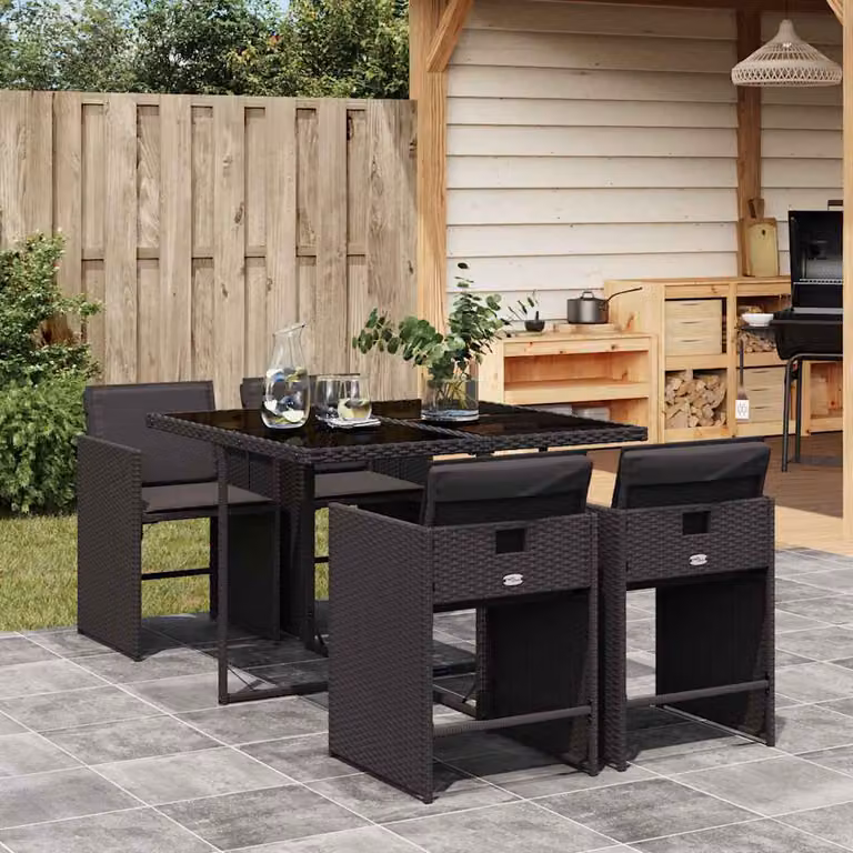 vidaXL Set da Pranzo da Giardino 5 pz in Polyrattan Nero con Cuscini e Tavolo in Vetro