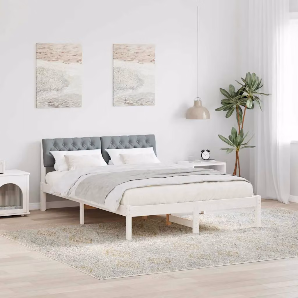 Struttura del letto moderna vidaXL in legno di pino e tessuto, bianco e grigio, L: 140.5 cm x P: 200 cm x H: 78.5 cm – 1
