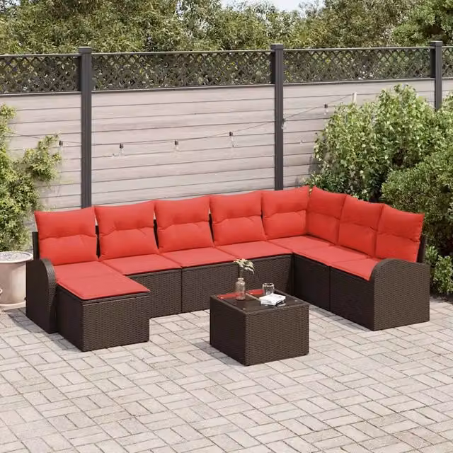Set di divani 9 pz Marrone e Rosso polyrattan 3354843