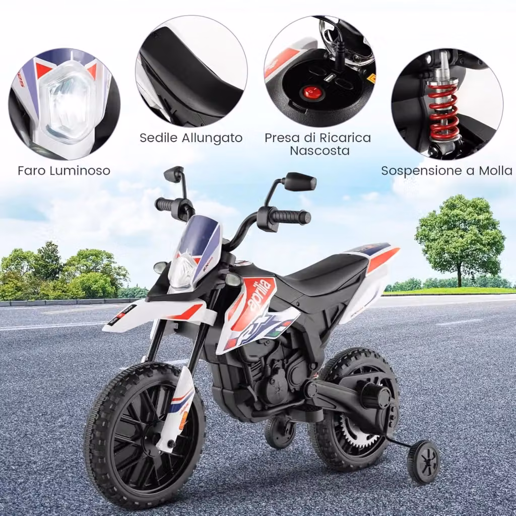 Moto Cavalcabile Elettrica Aprilia Costway 12V per Bambini con Ruote Ausiliarie, Musica Wireless e Sospensioni, Colore Bianco – 2