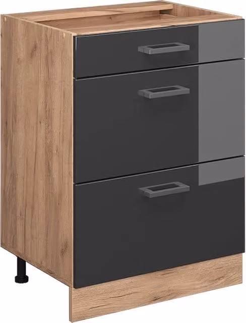 Mobiletto base per cucina Vicco R-Line Antracite lucido e Rovere dorato con cassetti, L: 60 cm, H: 81,6 cm, P: 46 cm