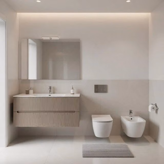 Composizione mobile bagno sospeso Taco mod. STICK con cassetti e specchio, design cannettato, Tortora Opaco L: 120 cm, P: 45 cm, H: 46 cm – 1