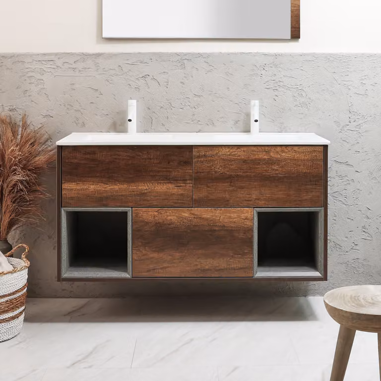 Mobile Bagno Sospeso con Ripiano Aperto in Rovere Scuro da 1212mm con Lavabo Bianco (Chalk) - Hoxton