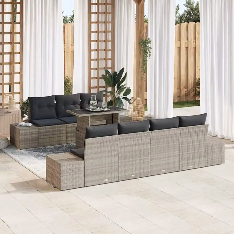 Set di divani da giardino vidaXL in rattan grigio con cuscini e tavolino da esterno