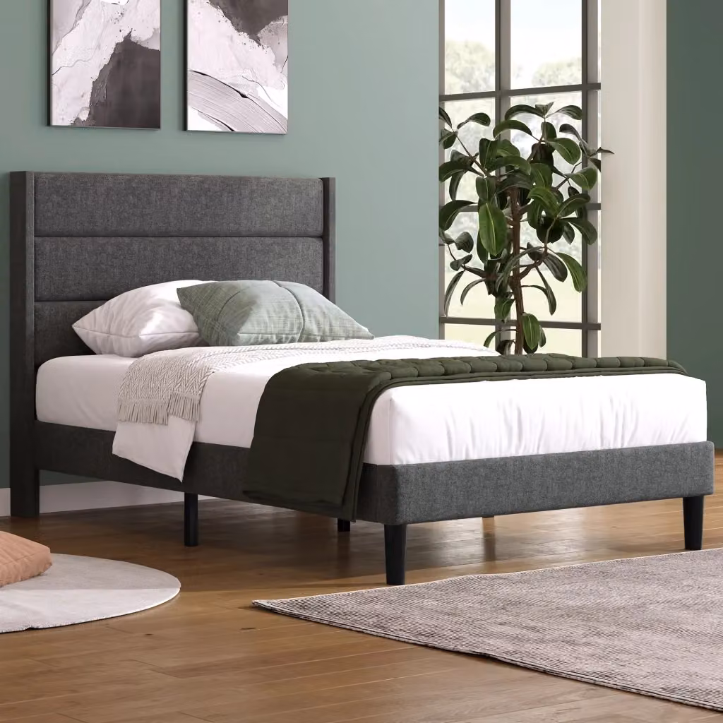 Letto Singolo con Testiera Imbottita in Lino Grigio Scuro, L/P/H: 90 x 200 cm – 2