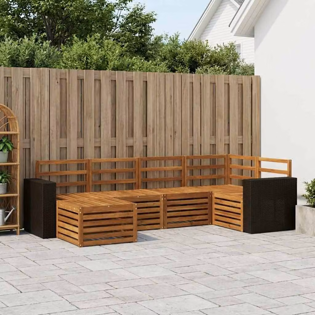 Set di divani da esterno vidaXL a forma di L composto da 6 pezzi in legno di acacia con cuscini beige e marrone in poliestere resistente ai raggi UV
