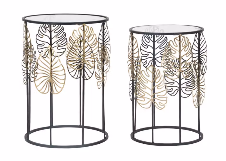 Coppia Tavolinetti Foglie Glam Struttura in Metallo Nero e Piano in Vetro - Ø 38x55 e 33x50 cm - Design Naturale Oro e Nero per Interni di Classe