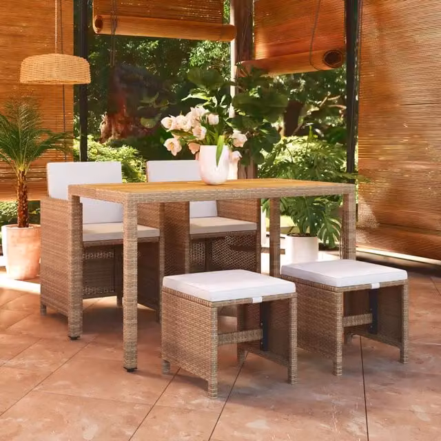 Set da Pranzo da Giardino 5 pz con Cuscini Beige in Polyrattan 3095501