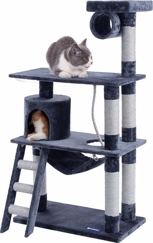 Torre per gatti domestici - GRIGIO SCURO - con cuccia e scaletta - altezza 140 cm - sistemi di aggancio rinforzati per corde fino a Ø 8,6 cm.