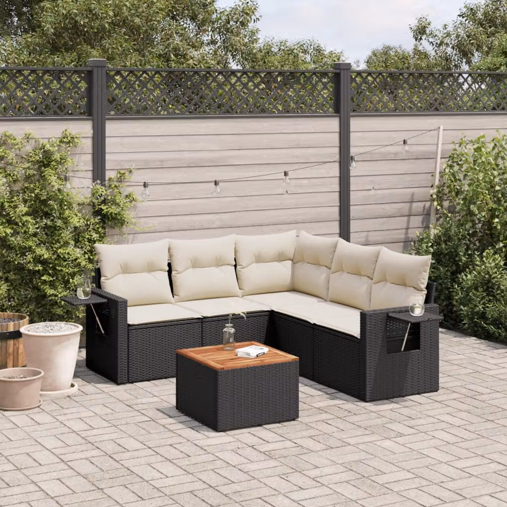 vidaXL Set Divano da Giardino a L in Polyrattan Nero con Cuscini e Tavolino da Esterno 6 pz – 1