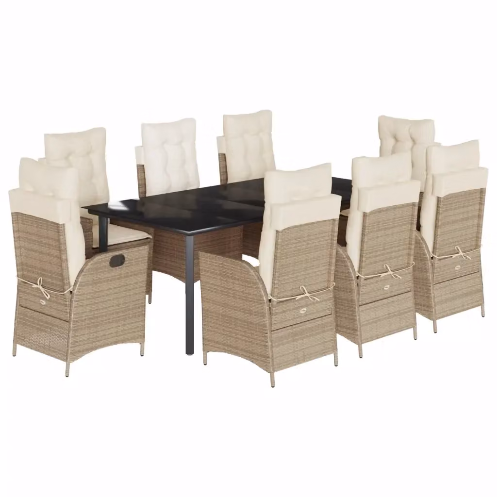 vidaXL Set da Pranzo da Giardino 9 pz in Polyrattan con Cuscini Beige e Piano in Vetro – 2