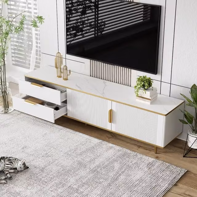 Mobile TV 170x37x45 cm con 2 cassetti e scomparti in pannello truciolare bianco e oro
