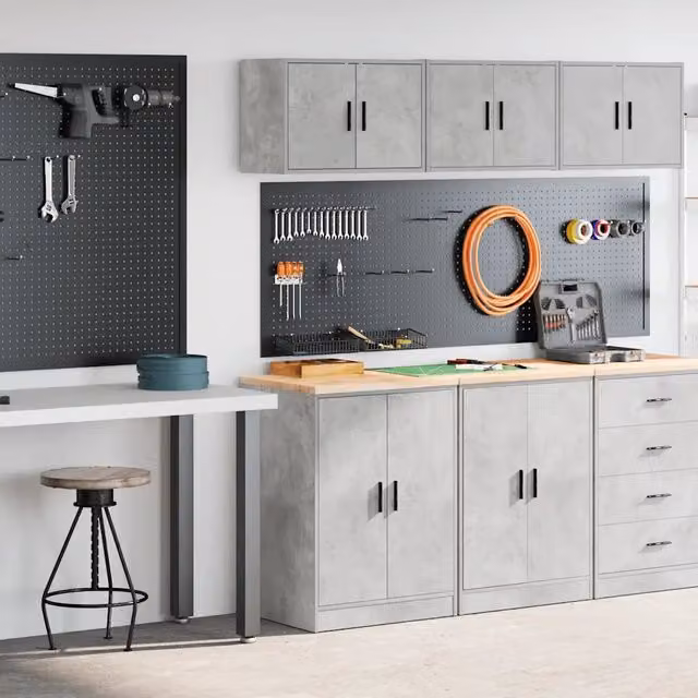 Set di 2 armadi da garage vidaXL in legno multistrato, colore grigio cemento