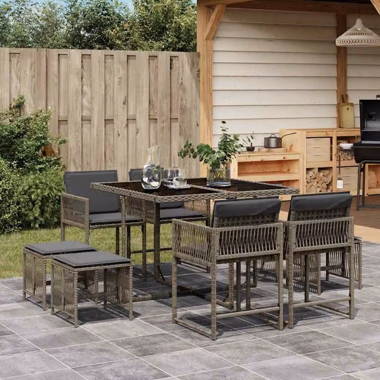 vidaXL Set da Pranzo da Giardino 9 pz in Polyrattan Grigio con Cuscini e Tavolo in Vetro