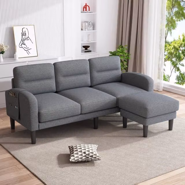 Divano angolare a L WISHDOR con chaise longue reversibile, 3 posti, tessuto grigio, L/P/H: 204 x 136 x 80 cm