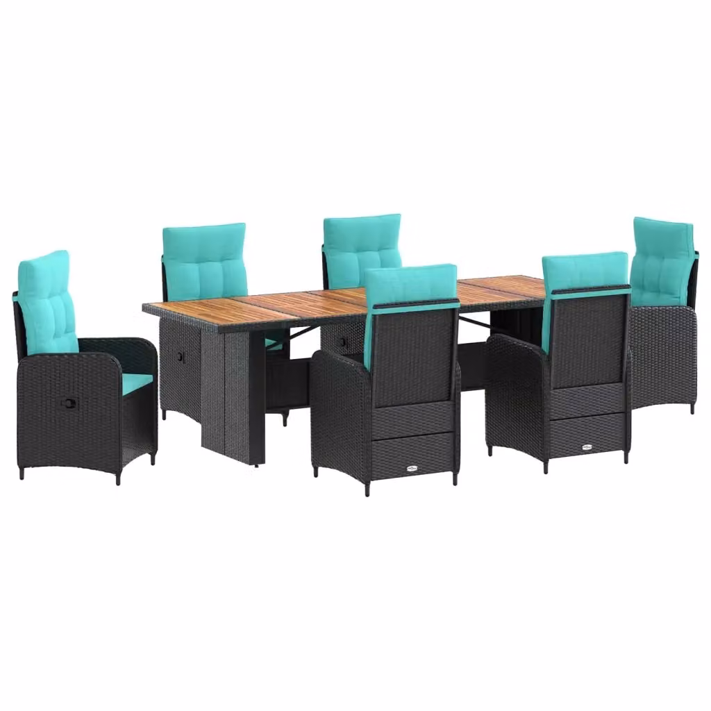 Set da pranzo per esterni vidaXL in polyrattan e legno di acacia, 7 pezzi, Nero e Turchese, L: 240 cm, P: 90 cm, H: 75 cm – 2