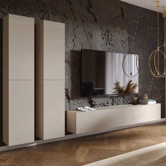 Parete Attrezzata Modulabile DMORA per Soggiorno, Design Moderno, Beige