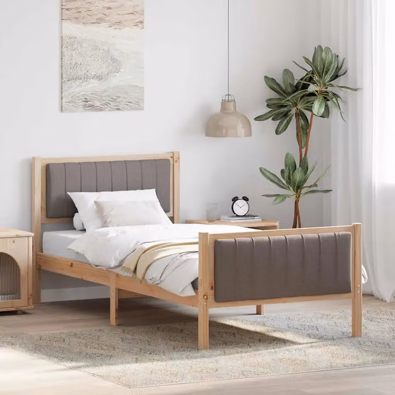 Struttura del letto con testiera vidaXL in legno massello e tessuto, Marrone e Beige, 90 x 190 cm