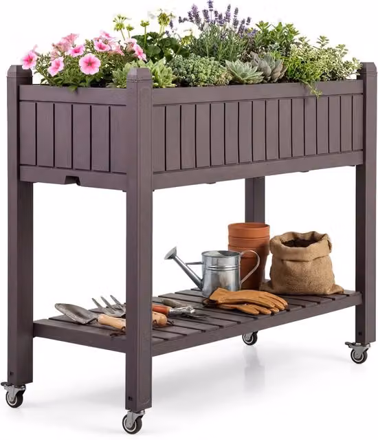 Letto da giardino rialzato con ruote e monitor d¡¯acqua foro di drenaggio e ripiano, Fioriera elevata per piante verdure erbe cortile e patio