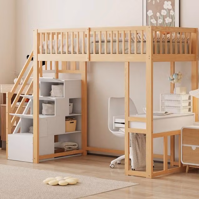 Letto a soppalco 90x200 cm con tavolo multifunzione e scala contenitore; bianco e rovere chiaro