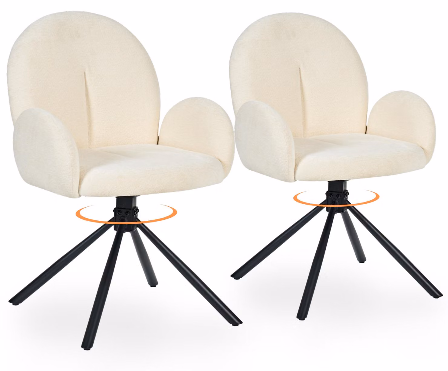 Set di 2 poltrone da pranzo in chenille, girevoli, con braccioli e struttura in metallo, color crema