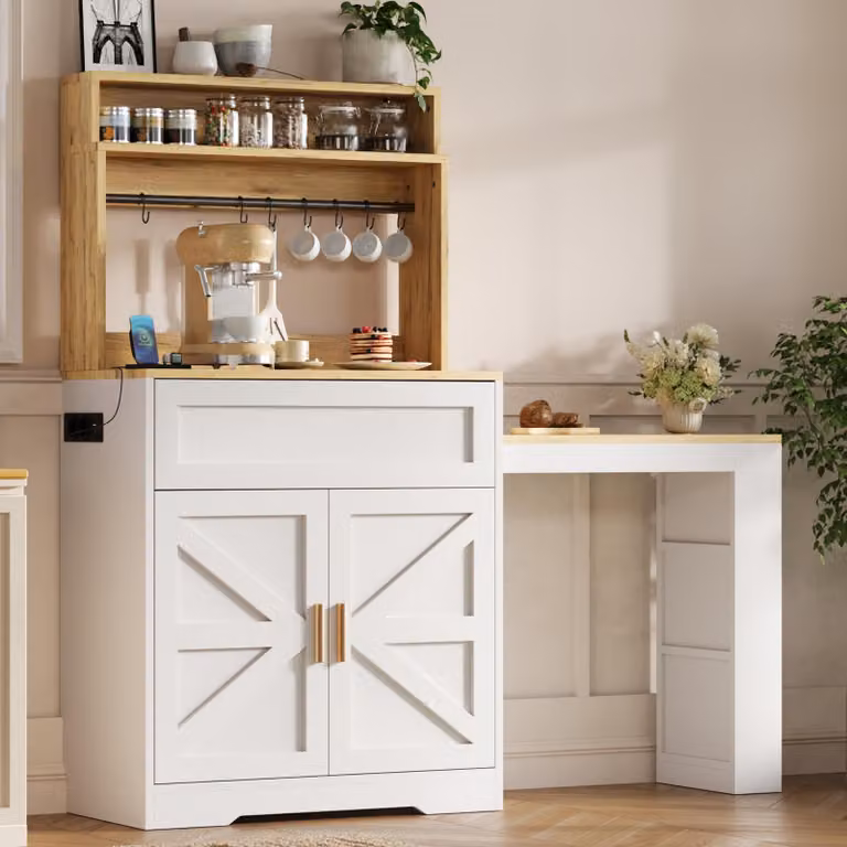Armadio da cucina Abrihome, modello alto con piano di lavoro estraibile, dispensa con ripiano laterale a 3 livelli e ripiani interni regolabili, colore bianco