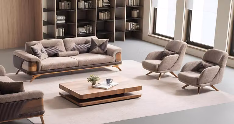 Beige Wohnzimmer Sofagarnitur Textil 3-Sitzer Designer Polstersessel