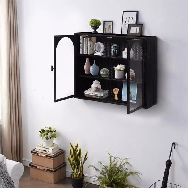 Pensile con 2 ante chiuso in vetro temperato e 3 livelli per bagno e soggiorno in metallo nero 60 × 23 × 70 cm