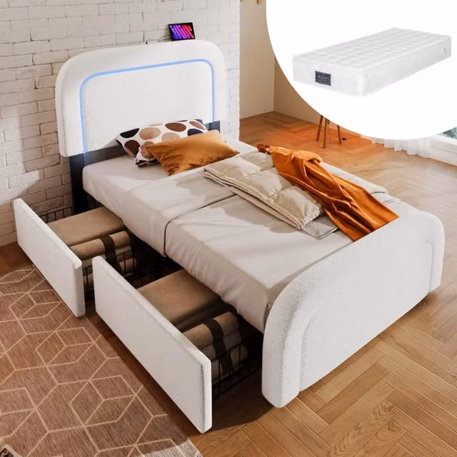 Letto singolo 90 × 200 cm con 2 cassetti, ricarica USB e Type-C, luci LED, materasso incluso, sherpa bianco