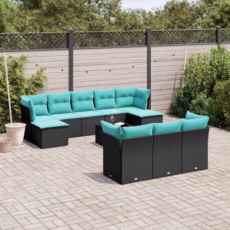 Set di divani da giardino vidaXL in polyrattan nero con 11 pezzi, compresi cuscini e tavolino da esterno a forma di U