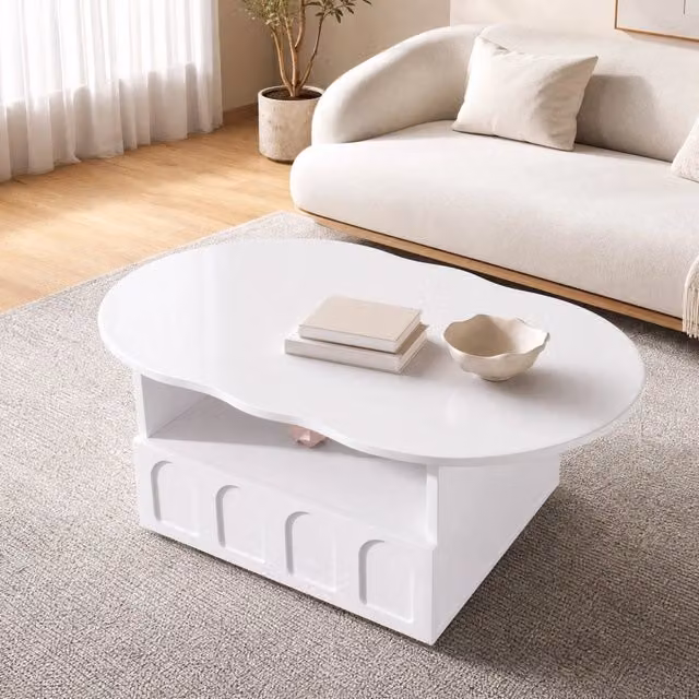 Tavolino da caffè bianco a forma di nuvola con cassetto e vano aperto, 100 cm