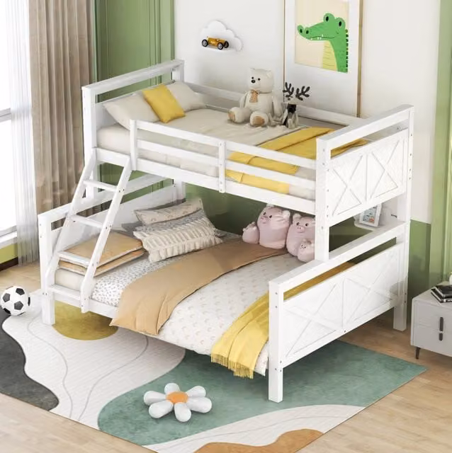 Letto a castello in legno con scala e sponde di sicurezza, divisibile in 2 letti separati, 90(140)x200 cm, bianco