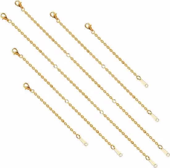 Set di 6 catenelle di prolunga, nelle misure di 6 - 7,5 cm, 12,7 cm e 18 cm, color oro. Set composto da 6 pezzi