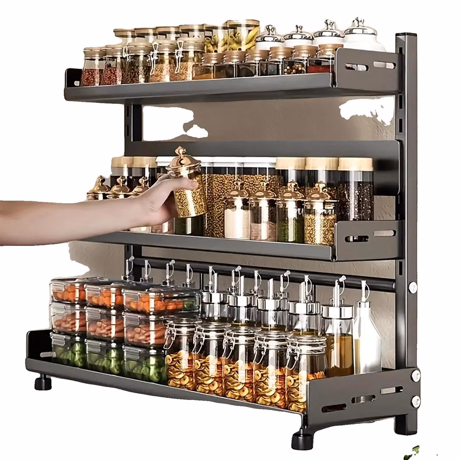 Organizzatore per spezie, design a 3 livelli, acciaio inossidabile resistente, colore grigio, 3 livelli