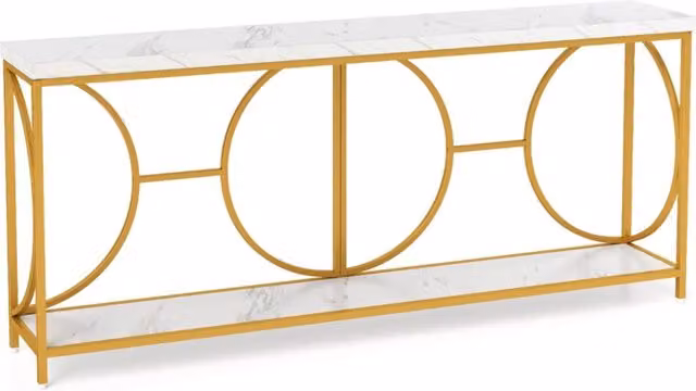 Tavolo console a 2 livelli con superficie in marmo finto, Tavolo console stretto da 180 cm per ingresso Bianco + Oro-Consolle