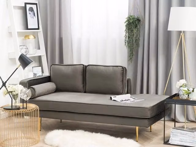 Chaise longue BELIANI in velluto beige e grigio con orientamento a sinistra, design moderno con struttura in legno e gambe in metallo, L/P/H: 171 x 79 x 63 cm