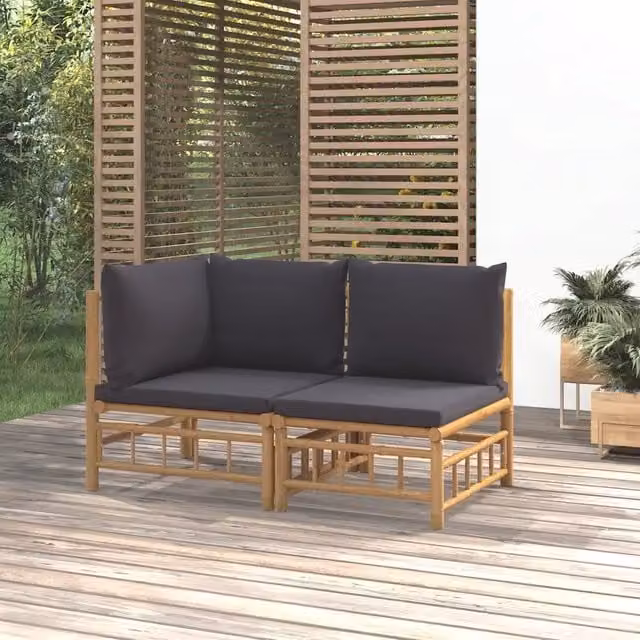 Set Salotto da Giardino a L vidaXL in Bambù con Cuscini Grigio Scuro – 1