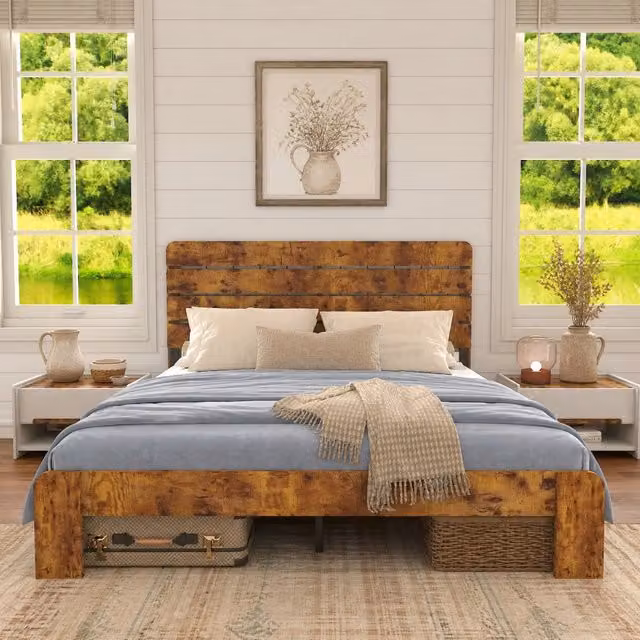 Letto matrimoniale 140x200 cm marrone in MDF e metallo; rete a doghe in ferro