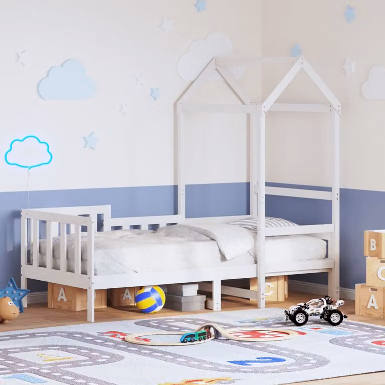 vidaXL Letto a casetta per bambini in legno di pino massello bianco L 200 cm x P 80 cm x H 188 cm