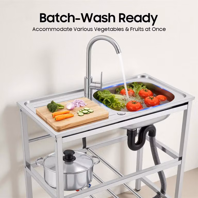 Lavello da cucina – Lavello indipendente – Acciaio inossidabile – Vasca singola – Con rubinetto – Per cucina esterna – 75 × 40 × 78 cm